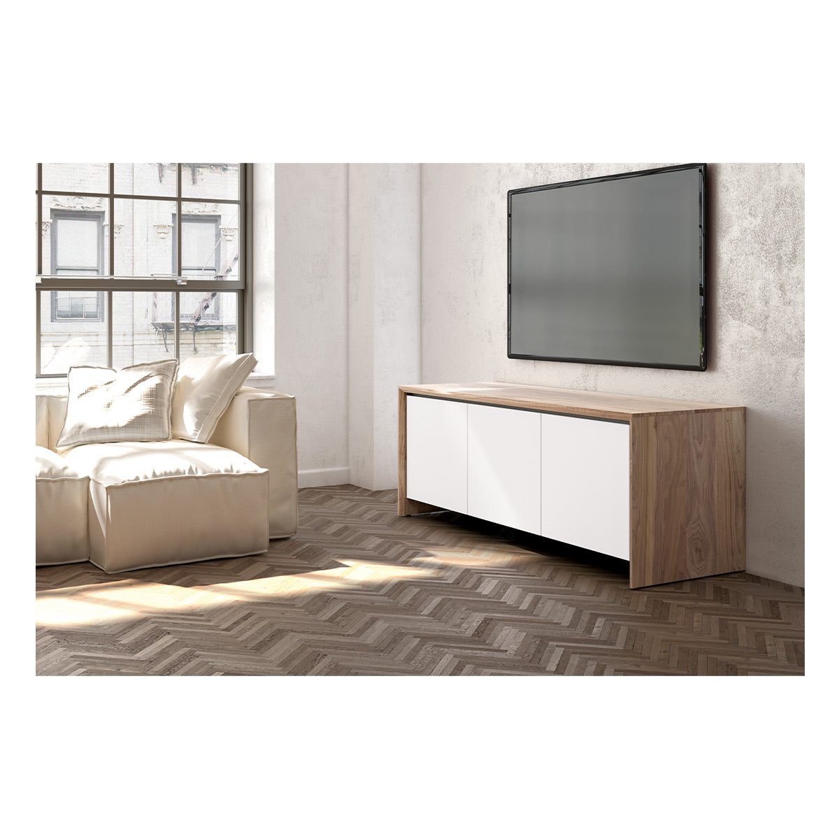 Salamander Chameleon Collection Barcelona 237 Triple AV Cabinet (Natural Walnut with Gloss White Doors)