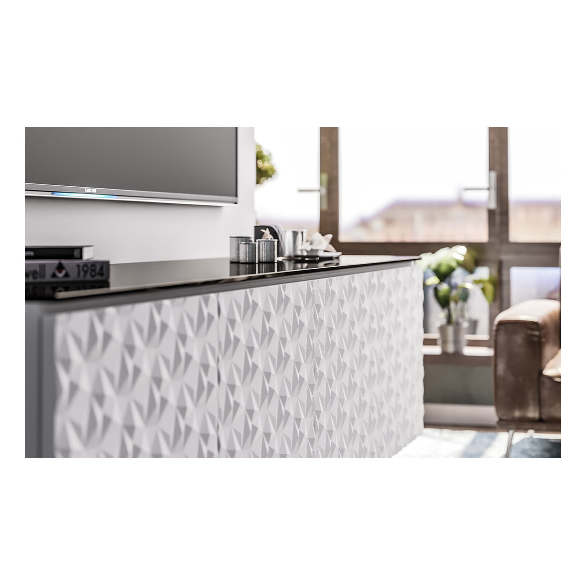 Salamander Chameleon Collection Milan 247 Quad AV Cabinet (Geometric White with Black Glass Top)