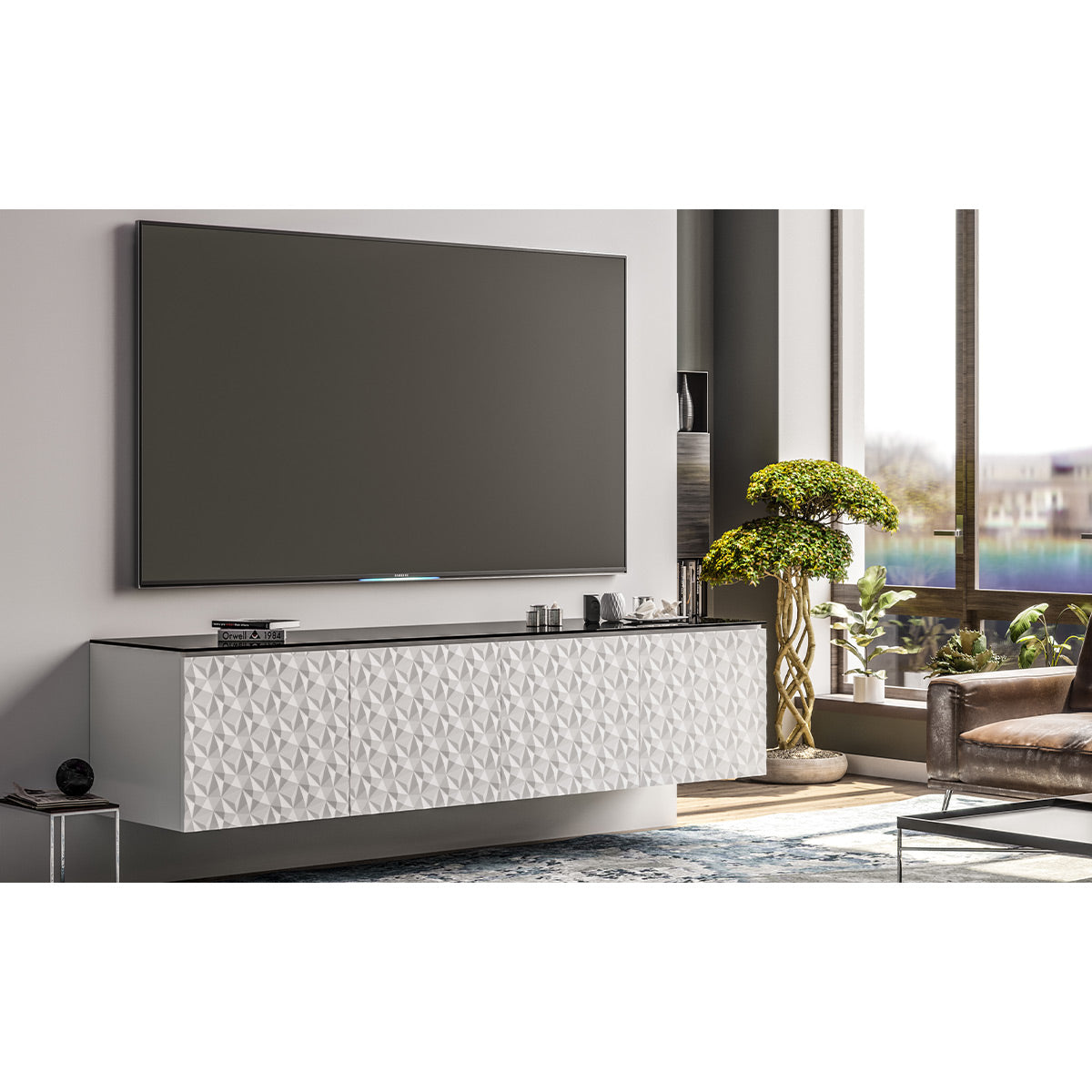 Salamander Chameleon Collection Milan 247 Quad AV Cabinet (Geometric White with Black Glass Top)