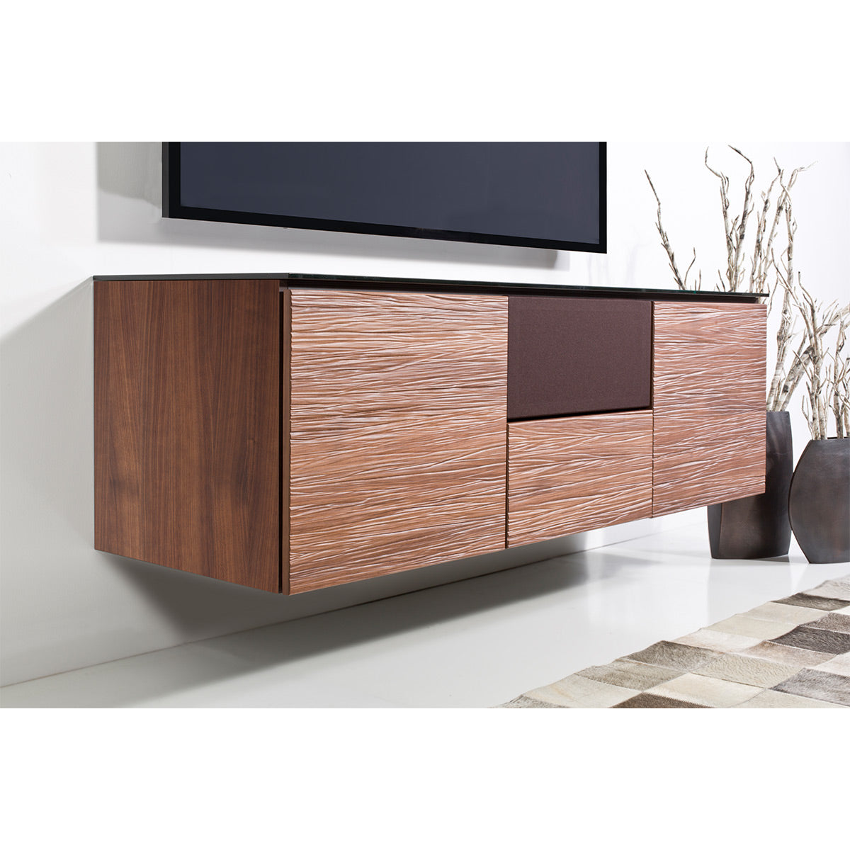 Salamander Chameleon Collection Denver 236 Triple Speaker Integrated Cabinet (Deep Textured Medium Walnut with Black Glass Top)