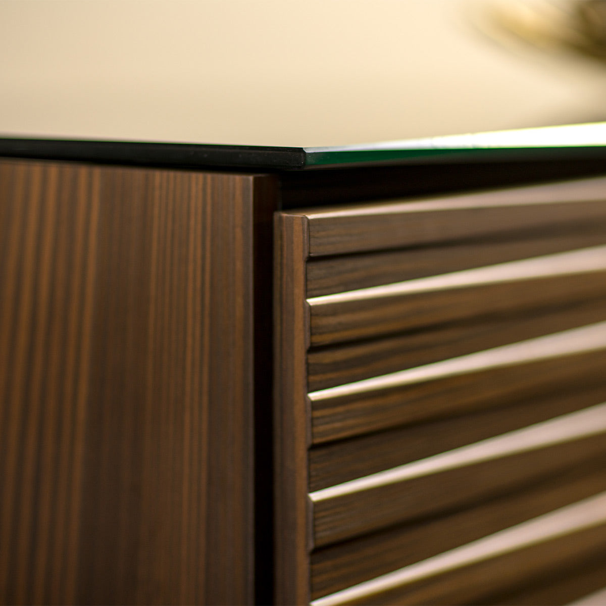 Salamander Chameleon Collection Zurich 329 Twin Speaker Integrated Corner Cabinet (Horizontal Wood Pattern with Black Glass Top)